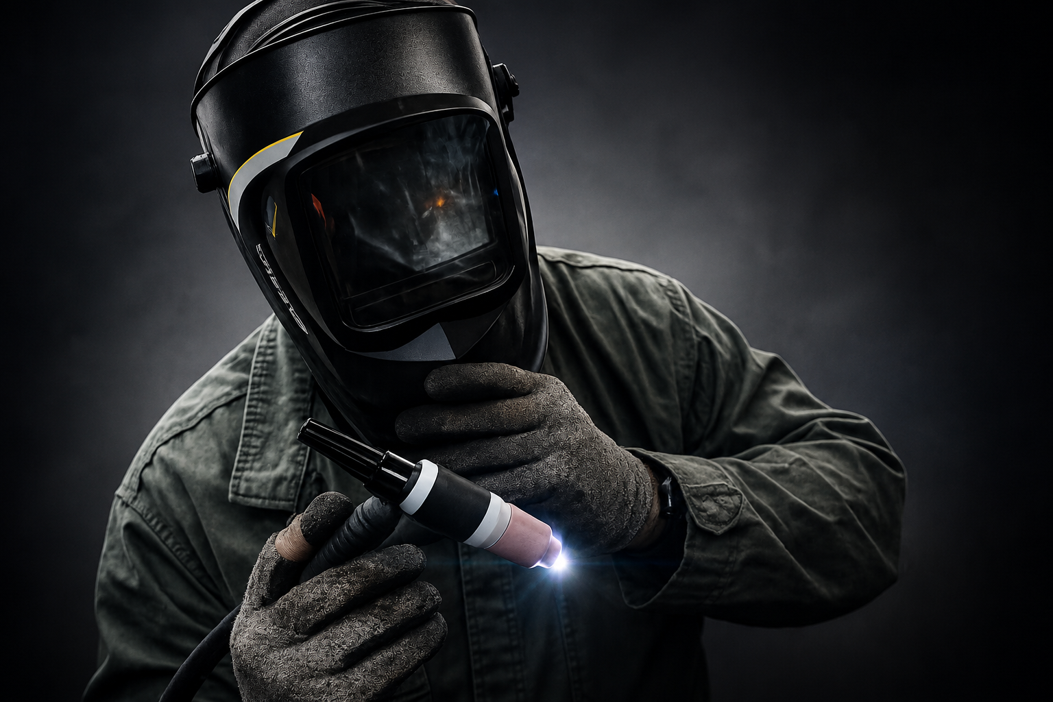 JGCo welder in helmet holding a TIG torch